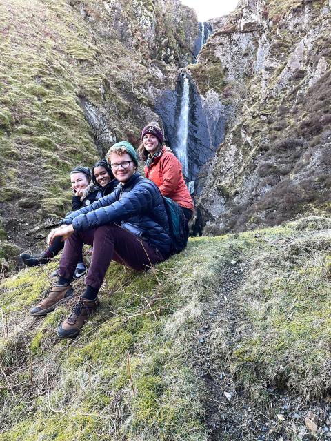 Dobb’s Linn, Scotland, where amateur geologist Charles Lapworth (1842-1920) identified and mapped graptolites, small, colonial marine organisms that flourished in the sea more than 350 million years ago. . Left to right: Drayden Haunt, Tiara Paul, Lilly Tipton, Thomas Friedlich
