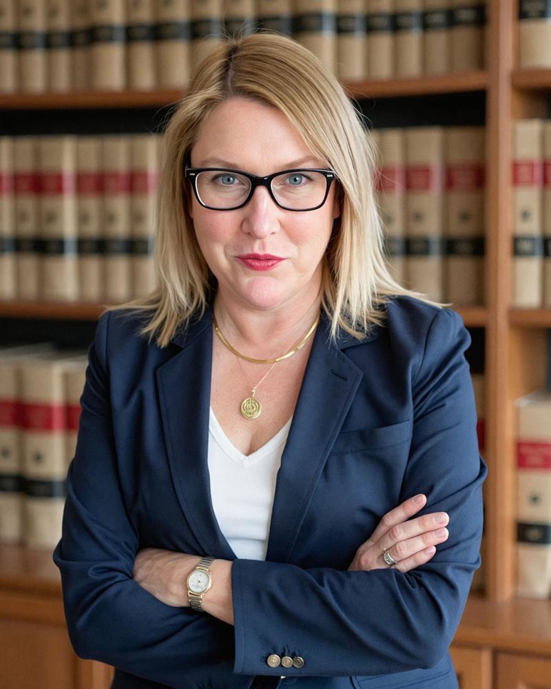 Headshot of a person with medium length blonde hair, glasses, wearing a blue blazier, with books in bookcases in the background.