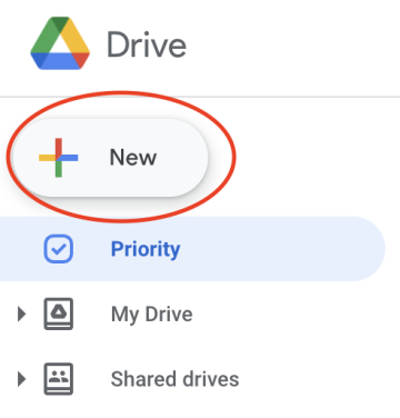 Screenshot of the Google Drive 'New' button circled in red