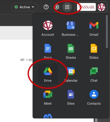 Screen shot of Chrome browser with the Google Apps menu and the Google Drive icons circled in red