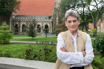 An environmental portrait of Phyllis Lambert outside on the Vassar campus.