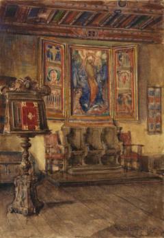 An oil painting of an ornate room with fancy chairs and paintings on the walls.