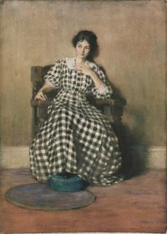 An oil painting of a person with a long checkered dress sitting in a chair in a room.