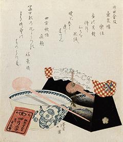 Totoya Hokkei - Surimono: Still Life with a pillow on its lacquer stand and a porcelain bowl, 1816