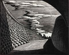 black and white wood engraving of a spillway
