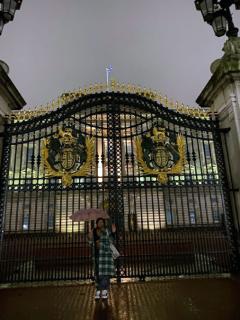 Person standing in front of Buckingham Palace at night