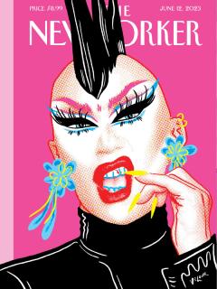 a caricature of drag artist Sasha Valour's face on the cover of the New Yorker magazine.
