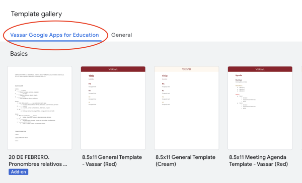 Screen shot of Google Docs Templates Gallery with 'Vassar Google Apps for Education' circled in red