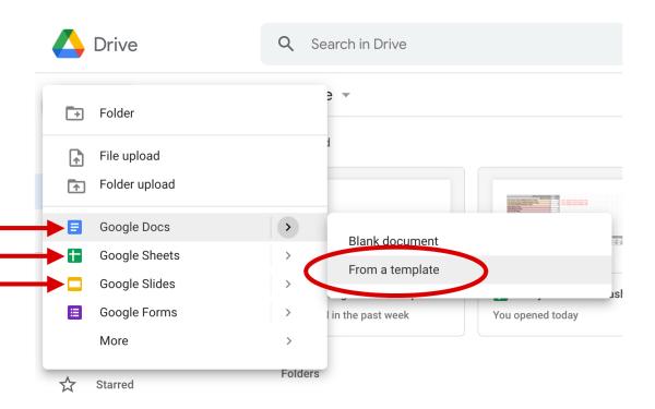 Screenshot of Google Drive > Select File Type menu with red arrows pointing at 'docs, sheets' and 'slides' and 'from a template' cirlced