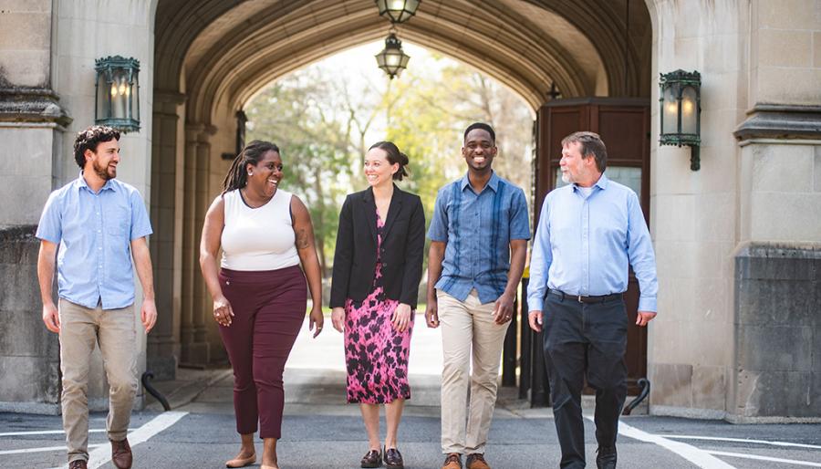 Cluster Hire Initiative faculty members (left to right) Payton Small, Tamyka Jordon-Conlin, Ashanti Shih, and Deon Knights, and Dean of Faculty William Hoynes