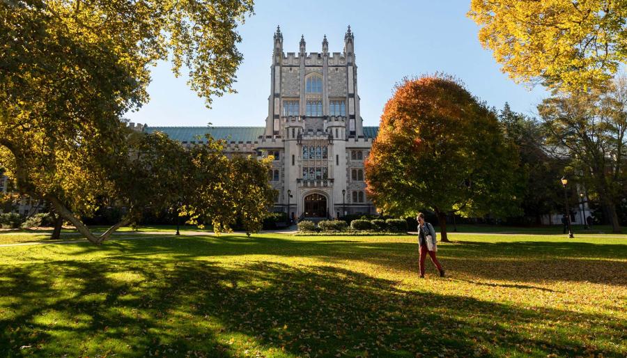 Pictured: Vassar Library. An old light colored brick building with a castle style towner in the center. There are green trees and grass in the foreground.