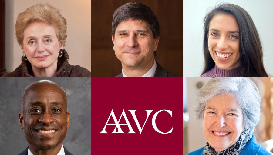 Photo collage of five headshot portraits and a graphic with text that reads: AAVC.