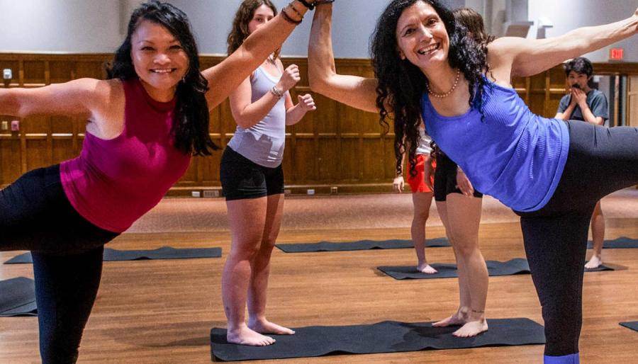 Two people balance side by side in a standing yoga pose, holding hands above their heads. One wears a magenta top and the other wears a blue top with striped leggings. Several participants stand in the background on yoga mats. The setting is a wood-paneled room with warm lighting.