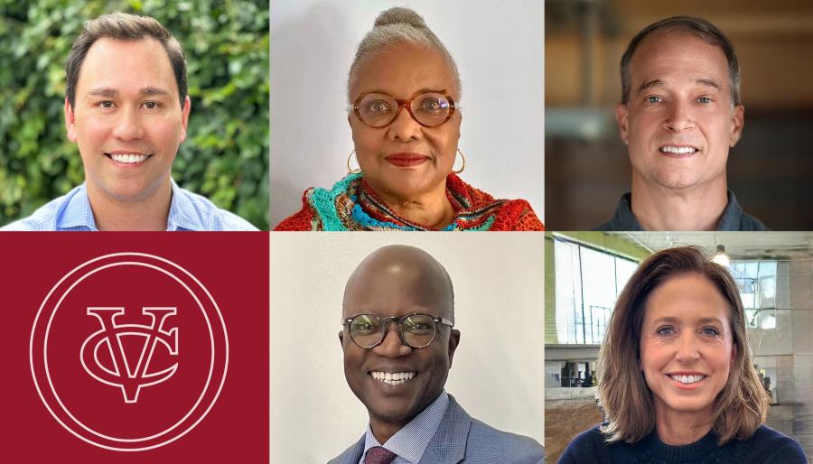  A six-part photo collage of five smiling individuals and one section with a red background and a logo. The five portraits show people in varying attire against diverse backgrounds, including foliage, plain walls, and an industrial interior.
