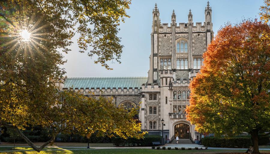 Gothic-style stone building on the Vassar campus framed by autumn trees with sunlight streaming through the leaves.