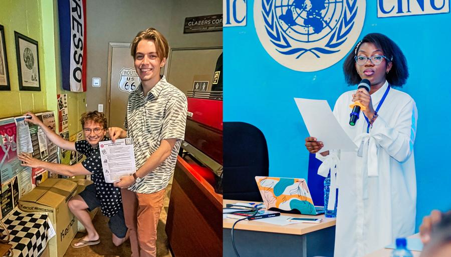 Collage: On left a Vassar student working with children in a classroom. At right a woman in a lab coat holding a microphone.