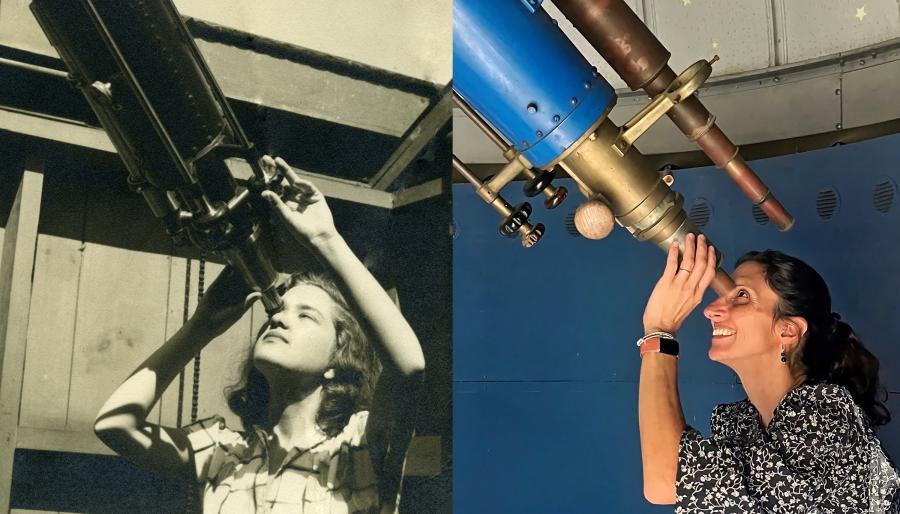 Side-by-side photos, one historic and one modern, of two people looking through telescopes.
