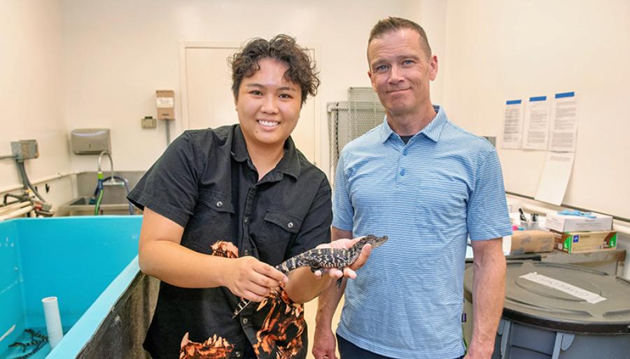 Two researchers stand in a laboratory, one holding a baby alligator beside a large turquoise tank.