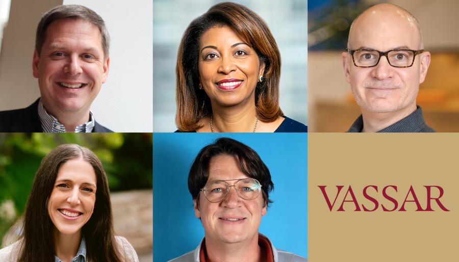 Photo collage with five headshots of people with a Vassar wordmark.