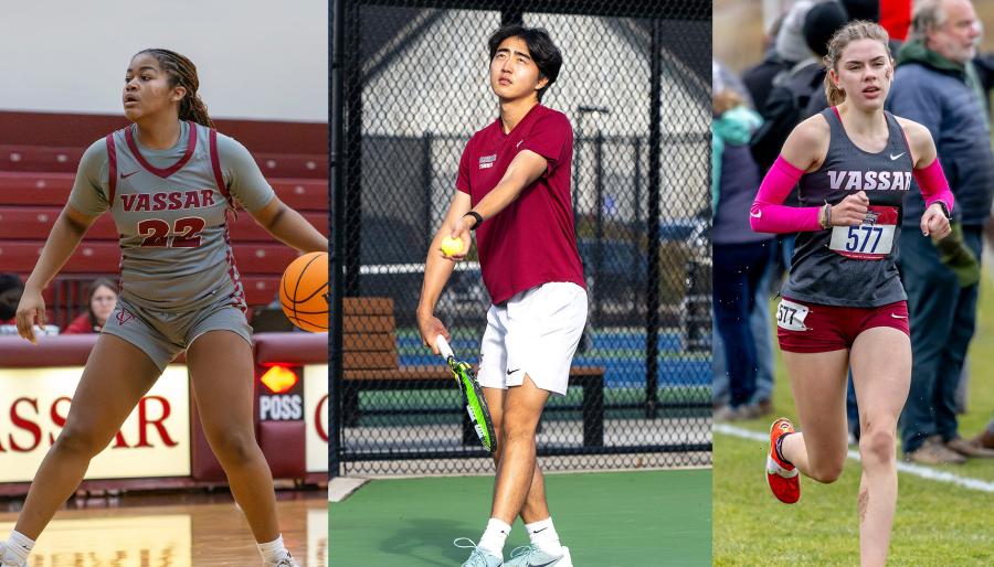 Three Vassar athletes: a basketball player dribbling, a tennis player preparing to serve, and a runner competing in a race.