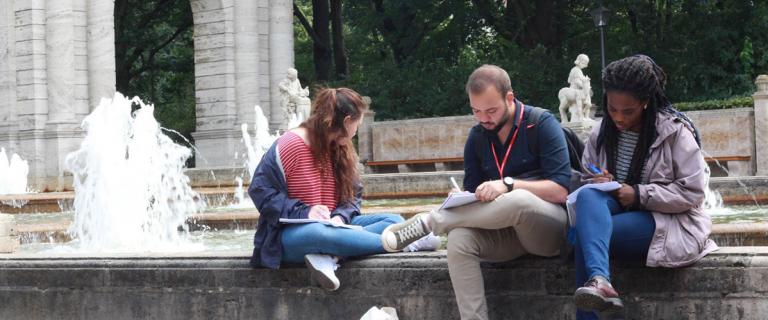 Bard College Berlin students in a Language and Thinking seminar work off campus.