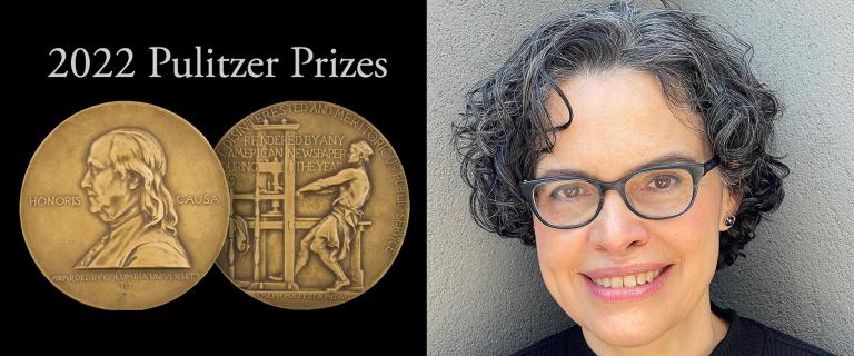 Photo collage of Ada Ferrer ’84 on the right half and a front and back view of a medal under text reading, 2022 Pulitzer Prize, on the left half