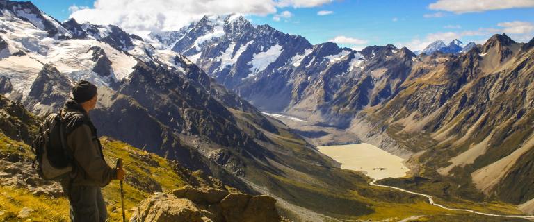 Mountains with a lake at the bottom. Geomorphology, New Zealand