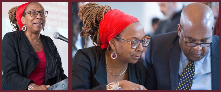 Kimberle Crenshaw wearing a black shirt and red hair scarf and Luke Harris wearing a blue shirt, jacket and tie.