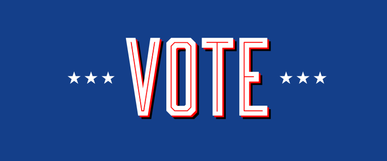 Red, white, and blue illustration with text that reads: Vote!