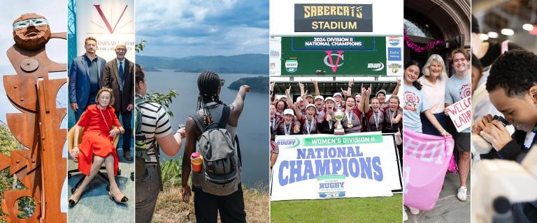 "A collage of six photos highlighting Vassar College life: an outdoor metal sculpture; three people standing and seated in front of a Vassar Institute banner; two people with backpacks overlooking a scenic lake; a team celebrating a 2024 Division II national championship in rugby; a group welcoming new students outside a campus building; and a student looking through a microscope in a classroom or lab."