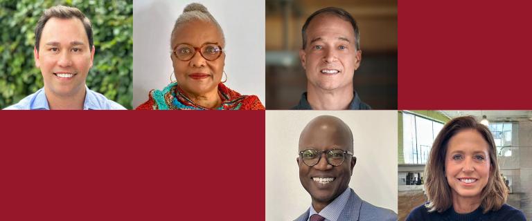 A photo collage of five smiling individuals and one section with a red background. The five portraits show people in varying attire against diverse backgrounds, including foliage, plain walls, and an industrial interior.
