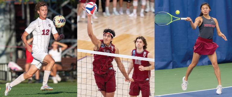 Photo collage of a soccer, a volleyball, and a tennis athlete.