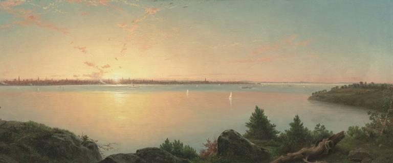 Morning Over New York, c. 1859/1860 Charles Herbert Moore - Painting of a wide, calm harbor at sunset, the water glowing gold and pink under a soft sky. In the foreground, rocky cliffs and green shrubs frame the view, and small sailboats dot the water.