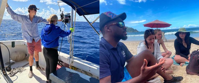 Side-by-side images. On the left, two people stand on a boat in bright sun over deep blue ocean water—one using a power fishing line. On the right, a group of people sit on a sandy beach under a blue sky with waves and a shoreline in the background.