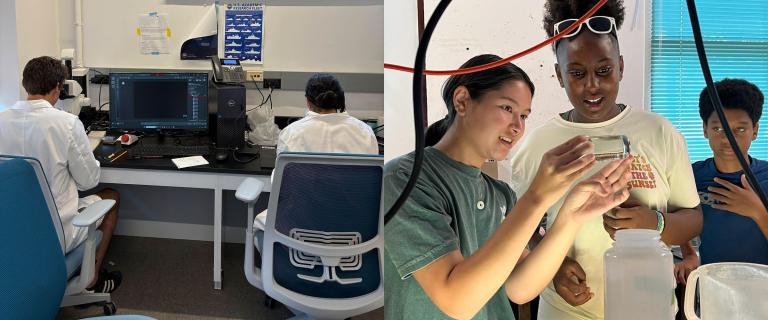 Side-by-side images. On the left, two people in lab coats sit at a workstation in a laboratory, one using a microscope and the other working at a computer displaying scientific software. On the right, three young people examine a small clear container together, looking closely and smiling, with lab equipment and tubing visible around them.