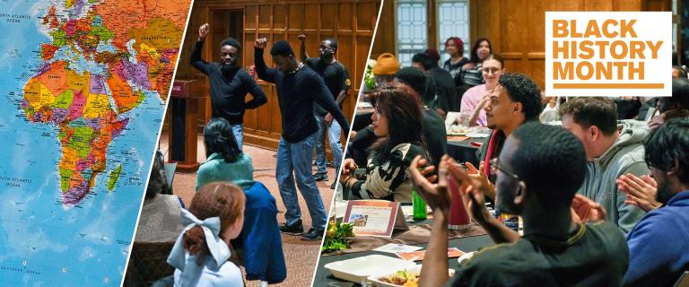Black History Month celebration collage featuring a map of Africa, a group performing in a wood-paneled hall, and an audience seated at tables applauding during a campus event.