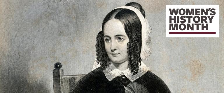 Black-and-white portrait of a 19th-century woman with dark curled hair and a lace collar, seated against a textured background, with a “Women’s History Month” graphic in the upper right corner.