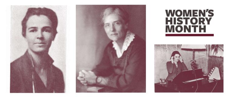 A banner that says "Women's History Month". The banner has three monochrome photos. Left to right: Emma Lou Davis, Gertrude Buck, and Mary Marvin Breckinridge.