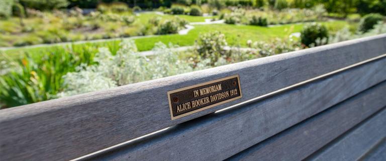 Back of bench in Shakespeare Garden with plaque reading: In Memoriam. Alice Hooker Davidson 1912.