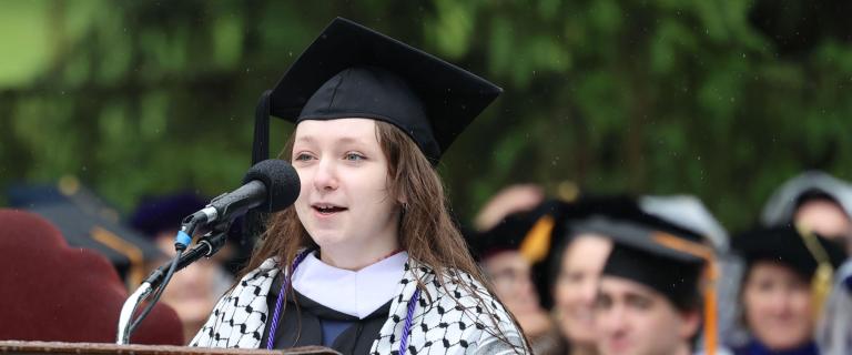 Mariya Novosad addressing the audience at Commencement.