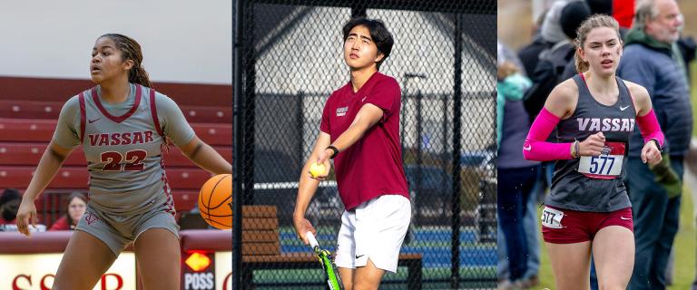Three Vassar athletes: a basketball player dribbling, a tennis player preparing to serve, and a runner competing in a race.