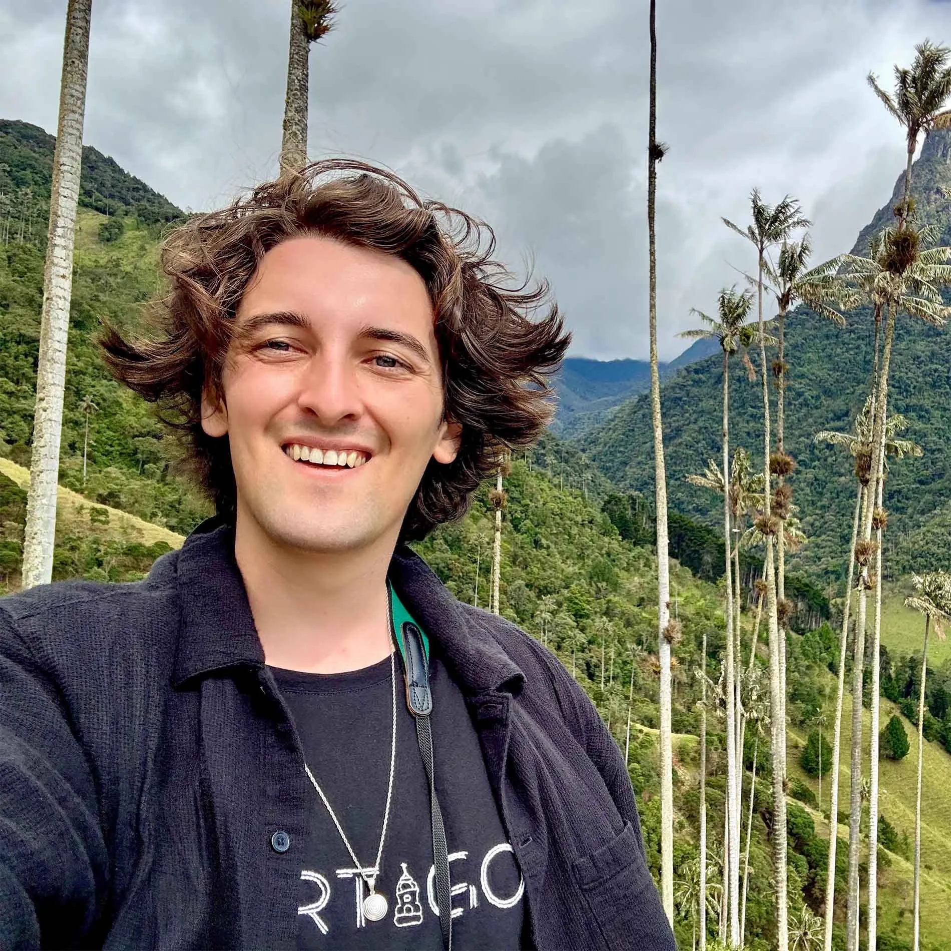 Person taking a selfie outdoors, smiling in front of a lush mountainous landscape with tall, slender palm trees and cloudy skies.