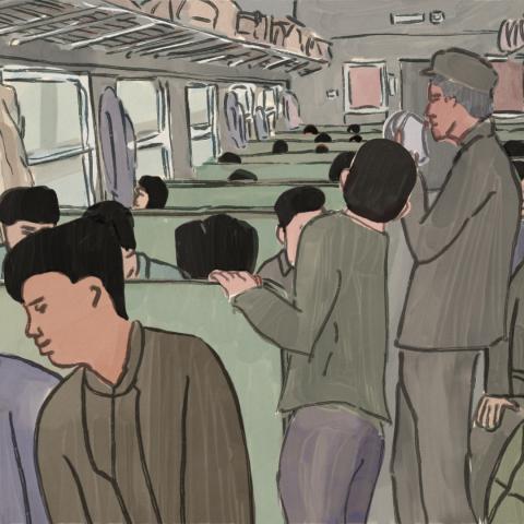 Image: artwork by animator Jacob Rivkin: people on a train