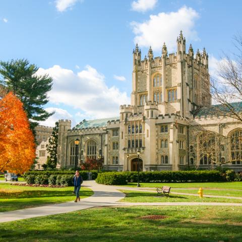 Photo of the library with fall foliage on trees