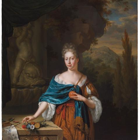 Willem van Mieris (Dutch, 1662–1747), Portrait of Dina Margareta de Bye, 1705, oil on panel, 12 3/4 × 10 1/2 in. (32.4 × 26.7 cm), The Leiden Collection, New York. Photograph courtesy of The Leiden Collection.