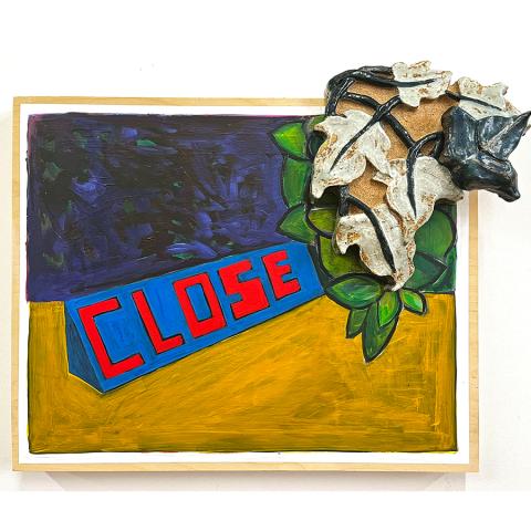 A rectangular mixed-media artwork by Pamela Lins that features the word "close" painted in red on a blue background in the center and a ceramic clump of vines in the upper right corner.