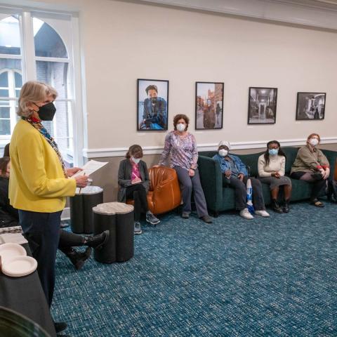President Elizabeth Bradley congratulates the winners of the 2022 Wendy Rae Breslau and Frances Aaron Hess ’53 awards in ceremonies in the Jade Parlor.