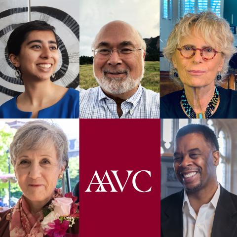 a collage of headshots of the five alums receiving AAVC award in 2022
