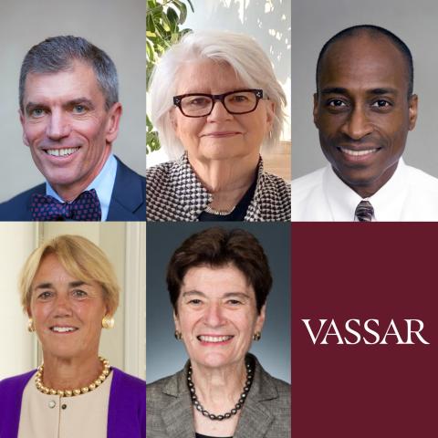 a collage of five headshots of the five Vassar trustees who retired during the summer of 2022: Steve Hankins, Gerry Laybourne, Philip Jefferson, Missie Rennie Taylor, and Maryellen Herringer.
