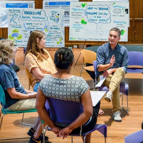 Vassar Grand Challenges Co-Director Tom Pacio (center) leads a discussion with student and faculty at Elevating the Student Voice, a three-day symposium that explored ways to making STEM curricula more inclusive. At left: Professor of Biology Jodi Schwarz, former Grand Challenges Faculty Director. At right: Associate professor of Biology Jose Perillán, current Faculty Director. 